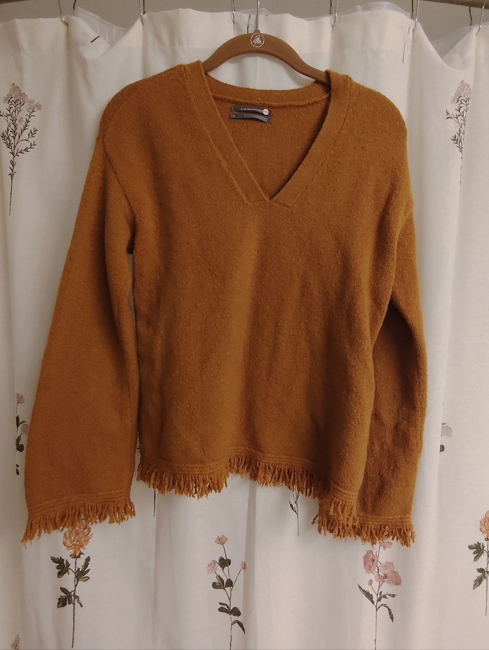 Anthropologie Women's V-Neck Fringe Hem Sweater - Mustard